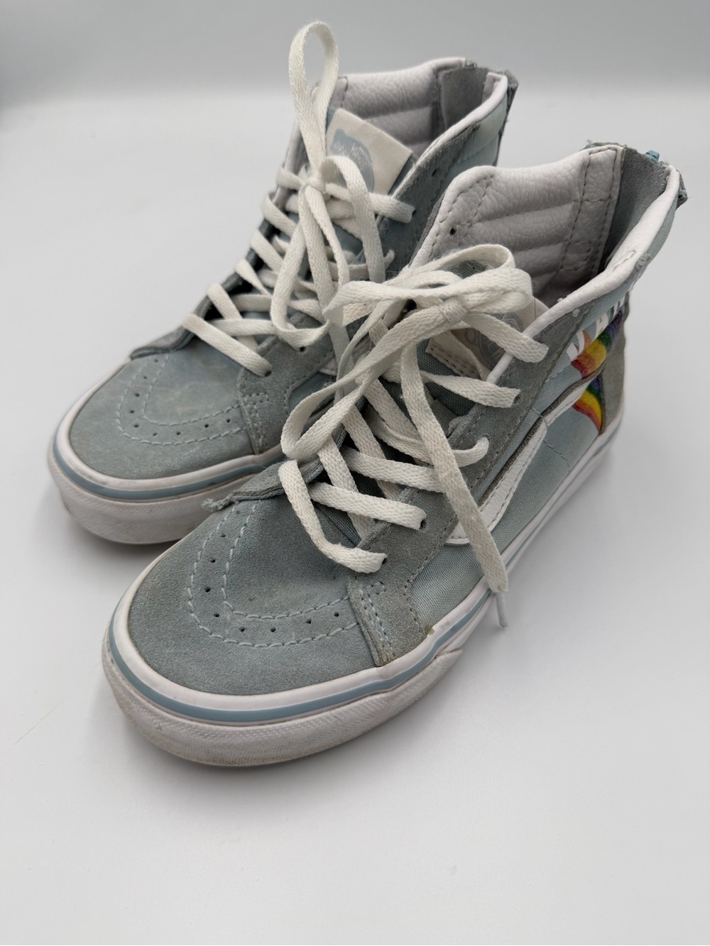 Vans Light Blue Suede and canvas High-Top Sneakers with Rainbow Heel Detail